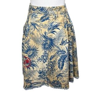VINTAGE MISS SIXTY Dirty Denim Full Skirt Blue & Cream Bird Pattern Sz S EUC